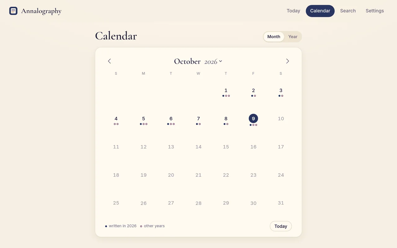 The month calendar on a computer, with dots for the days written this year and other years