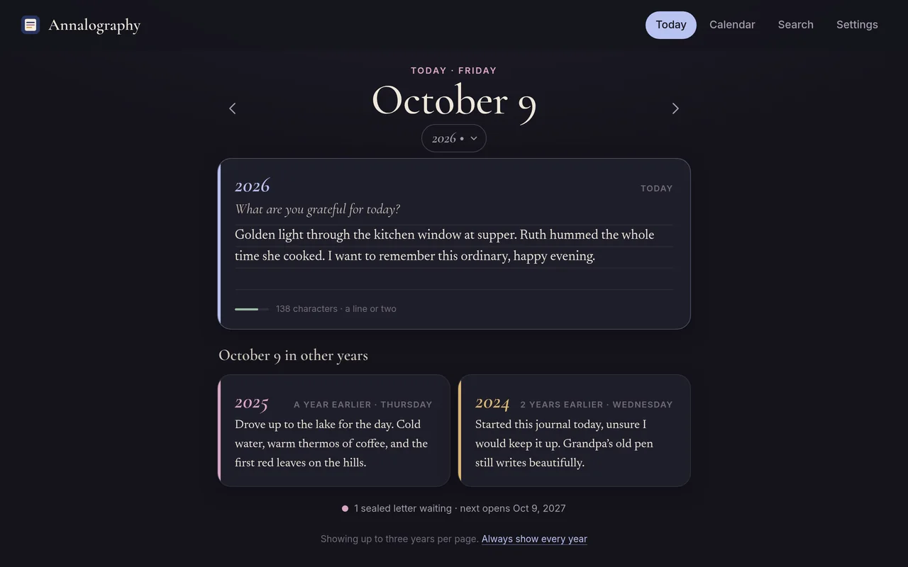 Annalography in the dark theme: today’s line with October 9 in 2025 and 2024 side by side underneath