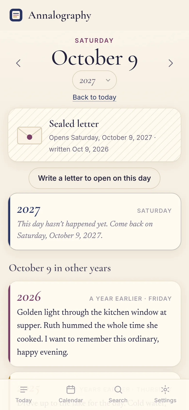 A sealed letter on a phone, opening on Saturday, October 9, 2027