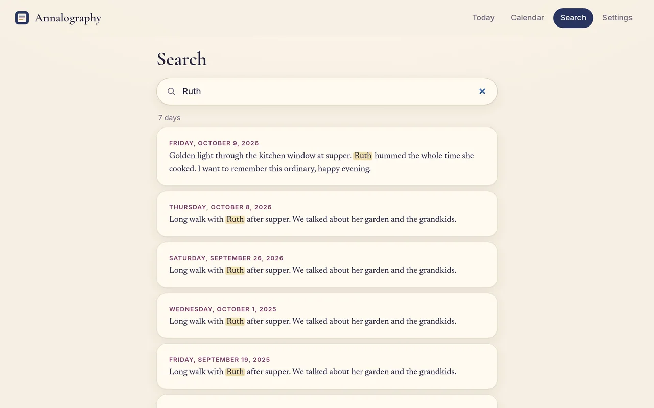 Searching for “Ruth” finds seven days across two years, with the name highlighted