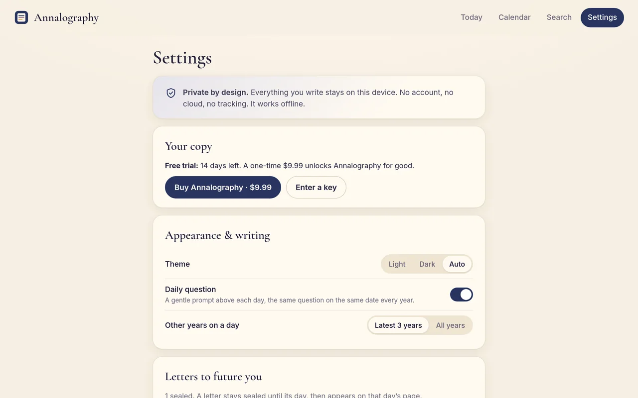 Settings: private by design, backups, snapshots and export