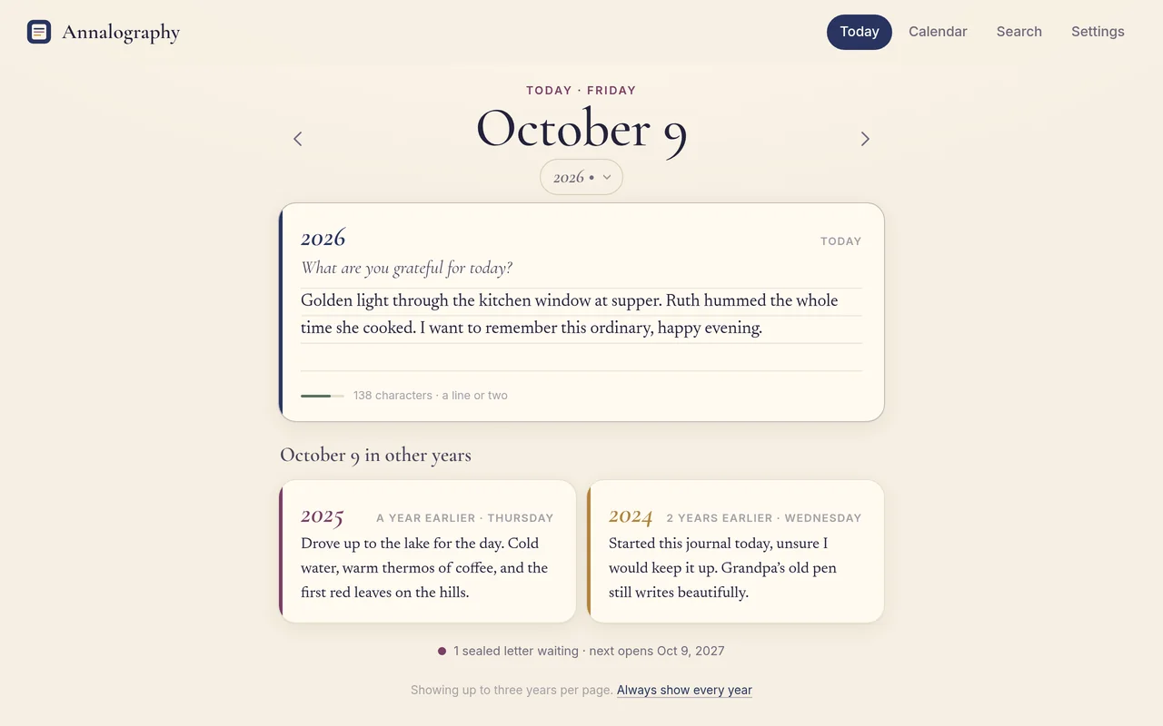 Annalography on a computer: today’s line for October 9, with the same date in 2025 and 2024 side by side below it