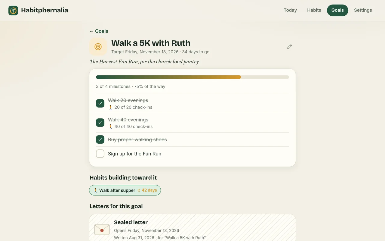 A goal to walk a 5K, with milestones, a progress bar and a habit building toward it