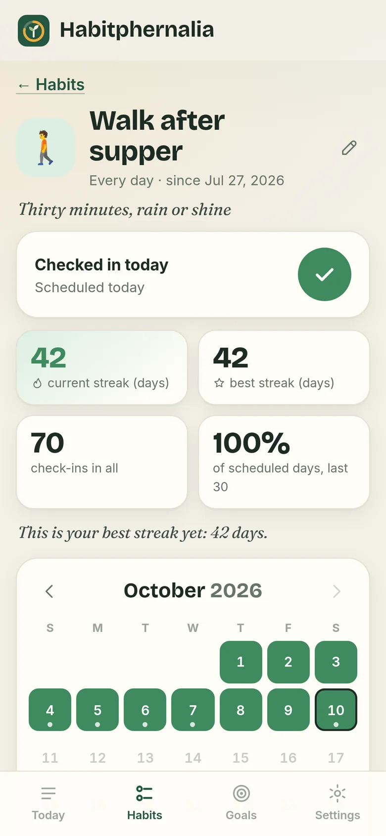 A habit’s calendar on a phone