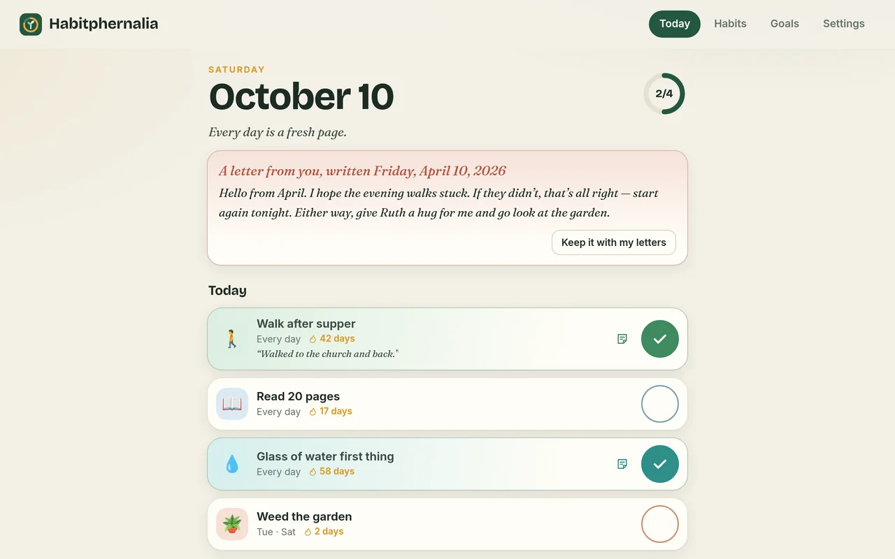 Habitphernalia on a computer: today’s habits with one-tap check-ins, and a letter from the past opened at the top