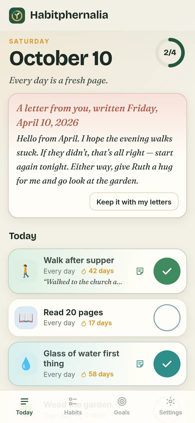Today on a phone: a letter from the past, and habits to check in