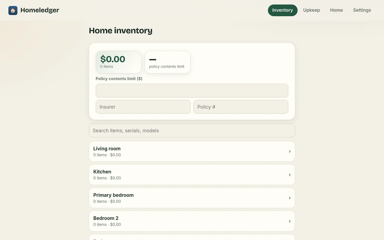 Homeledger on a computer: the home inventory by room with total value and insurance policy limit
