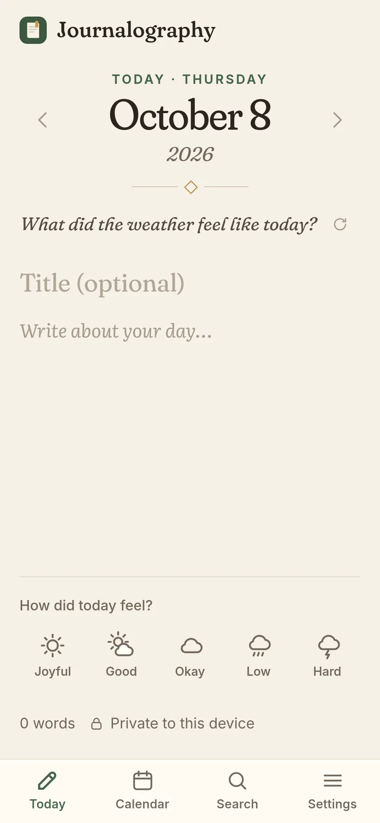 A new day on a phone, with a writing prompt, an optional title and the five mood icons