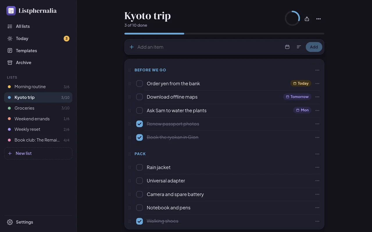 A packing list for a trip in the dark theme
