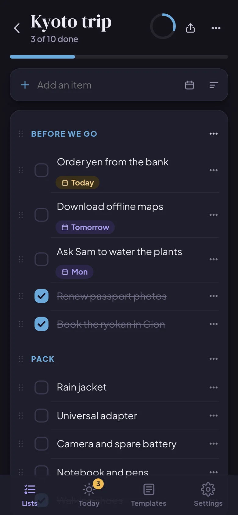 A list in the dark theme on a phone