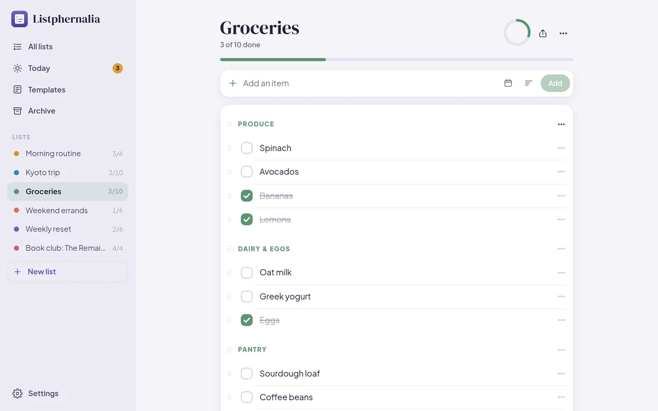 Listphernalia on a computer: a grocery list in sections, with produce, dairy and pantry, some items ticked