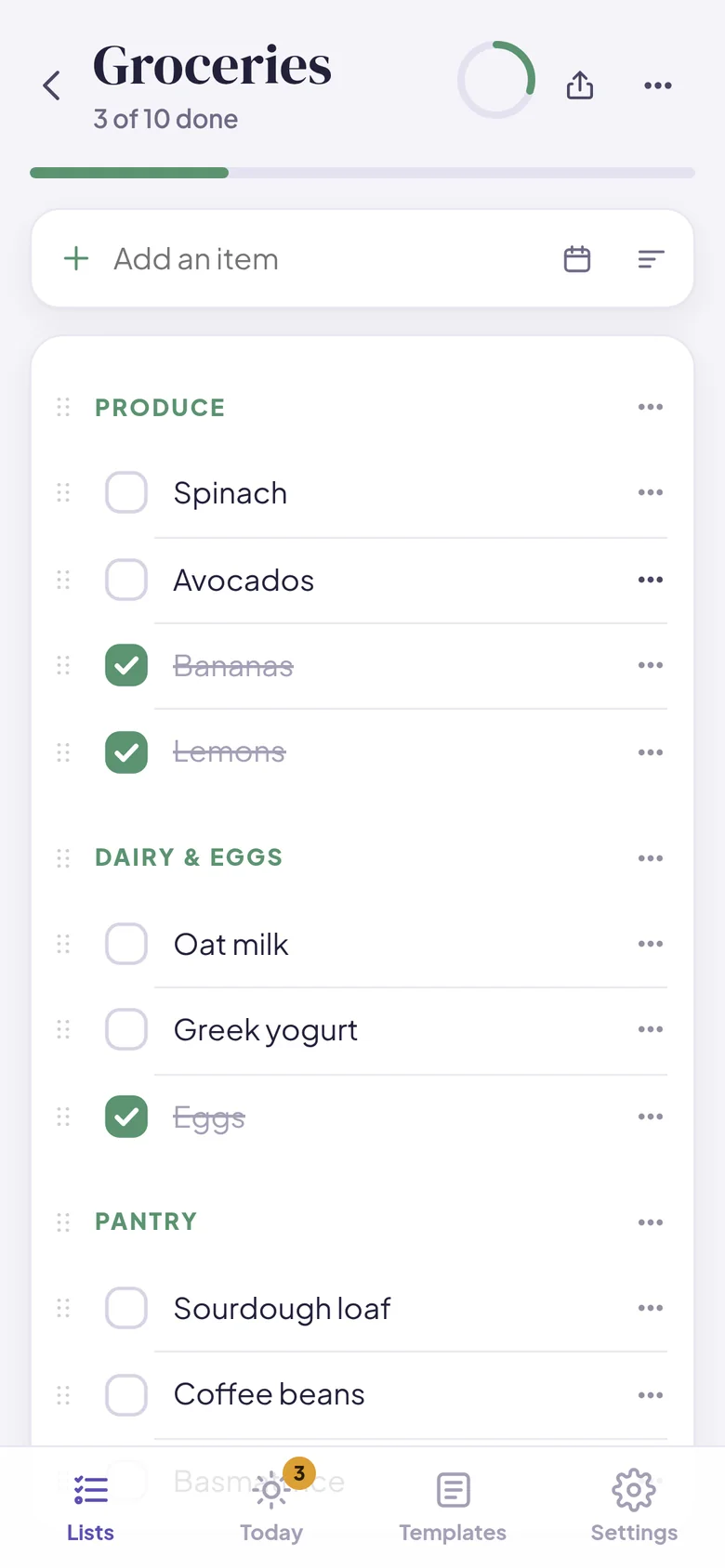 A grocery list in sections on a phone