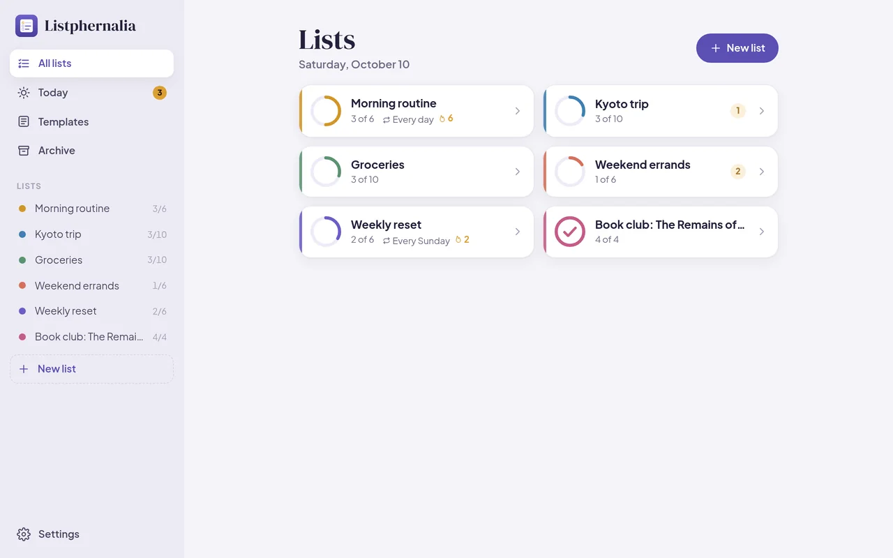All lists on a computer, with routines and their streaks