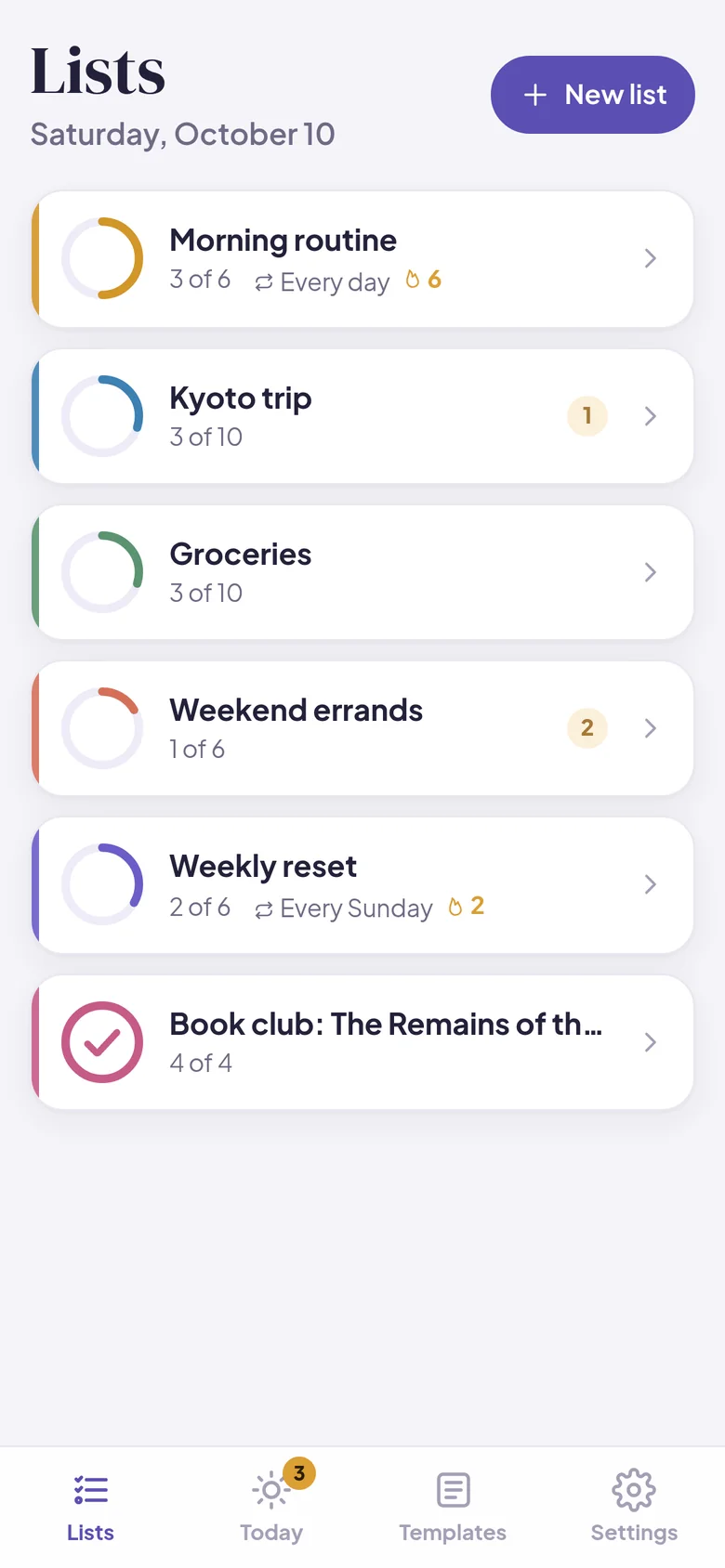 All your lists on a phone, each with a progress ring