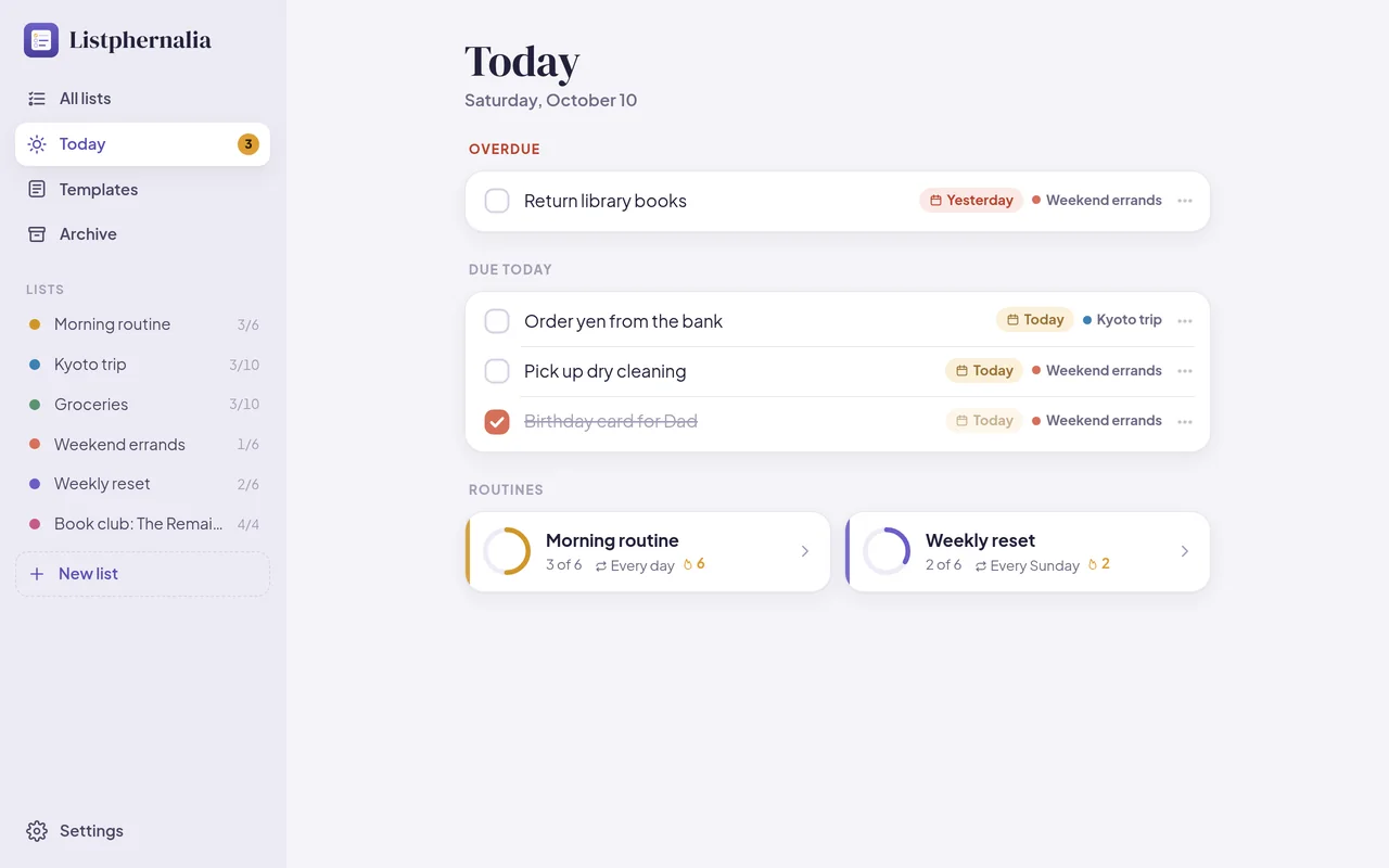 The Today view: overdue items, items due today, and routines