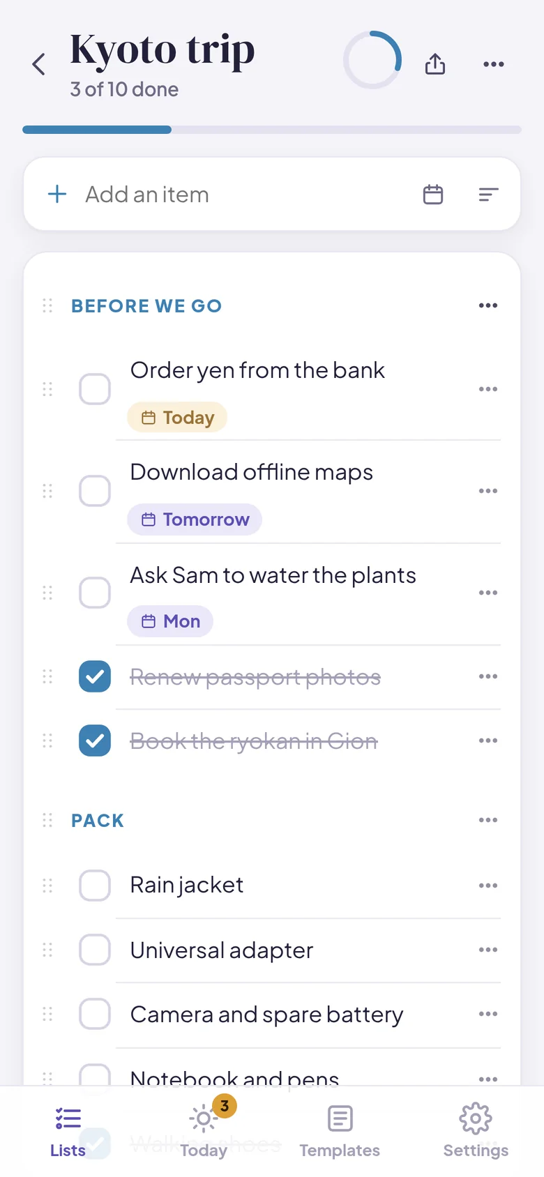 A trip list on a phone, with items due today and tomorrow