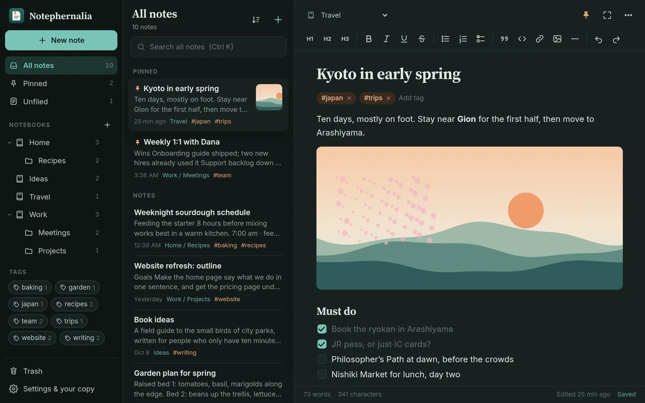 Notephernalia in the dark theme, with a travel note open