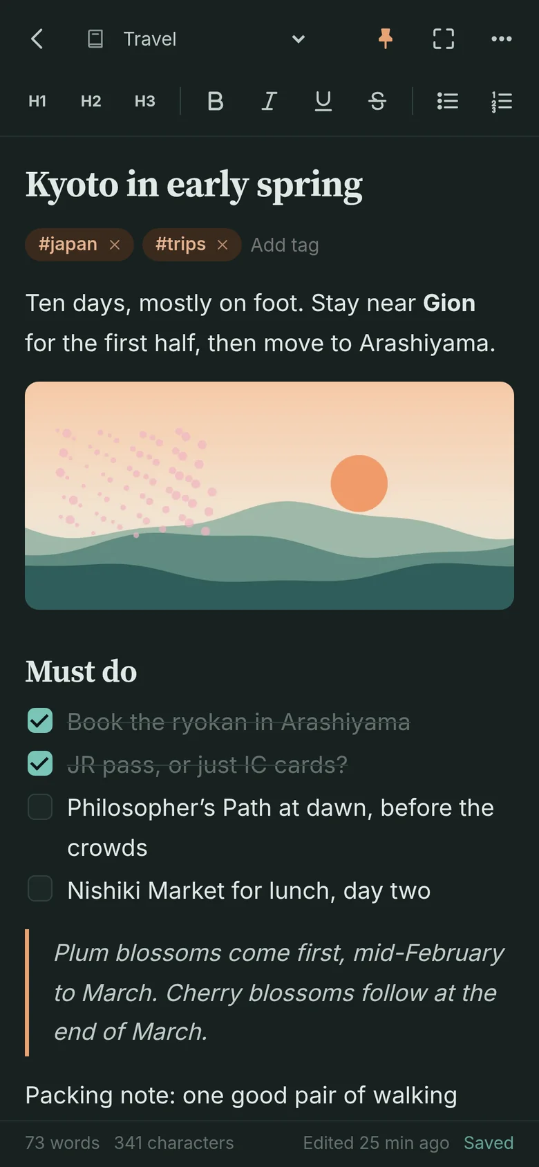 A note in the dark theme on a phone