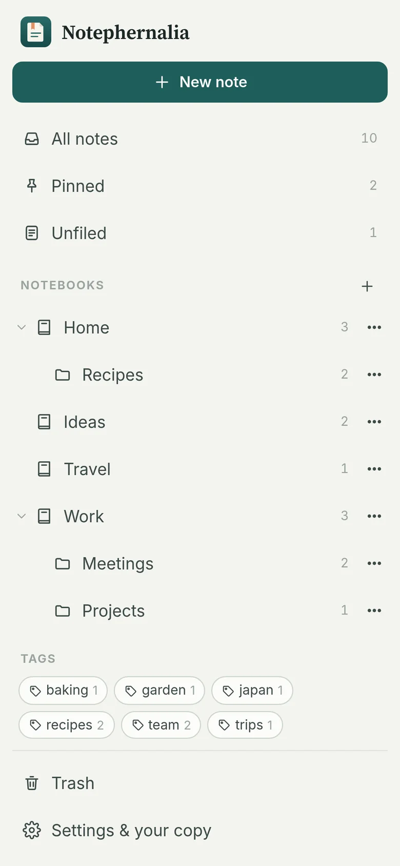The library on a phone: notebooks, nested notebooks and tags with counts