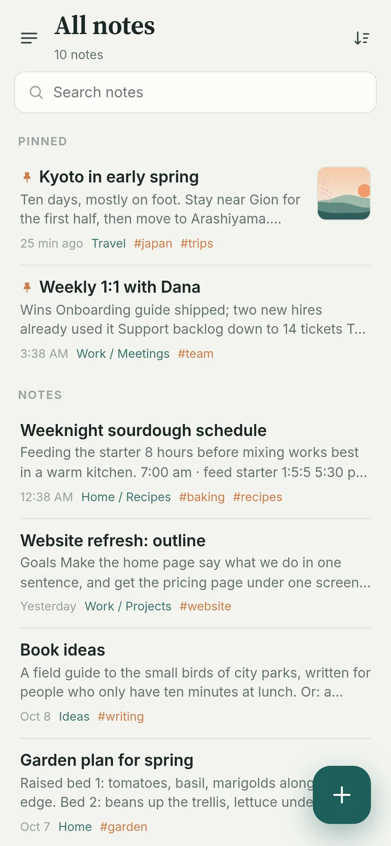 All notes on a phone, pinned notes first, each with its notebook and tags