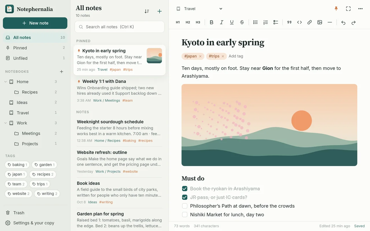 Notephernalia on a computer: notebooks on the left, a list of notes, and a travel note with a picture and a checklist