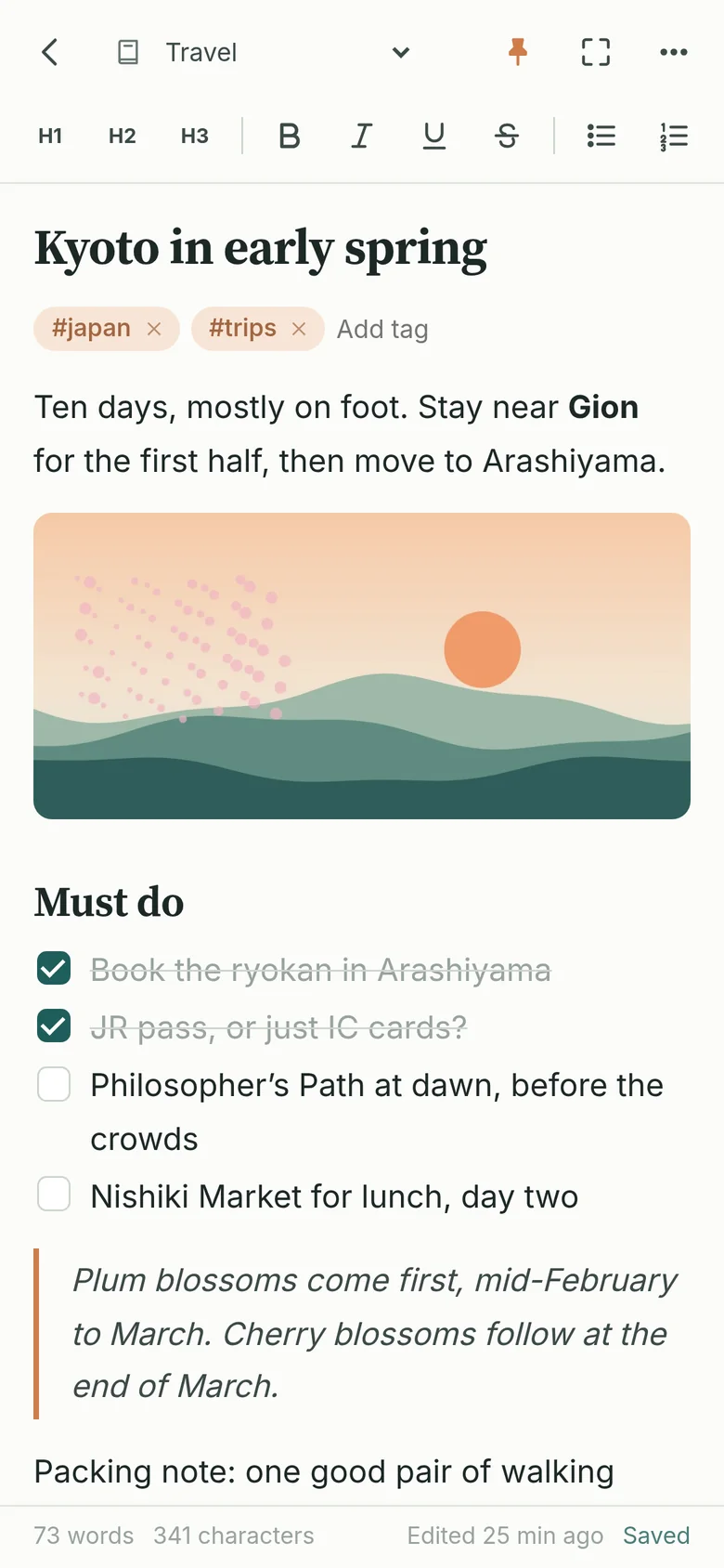 A note on a phone, with headings, a picture and a checklist