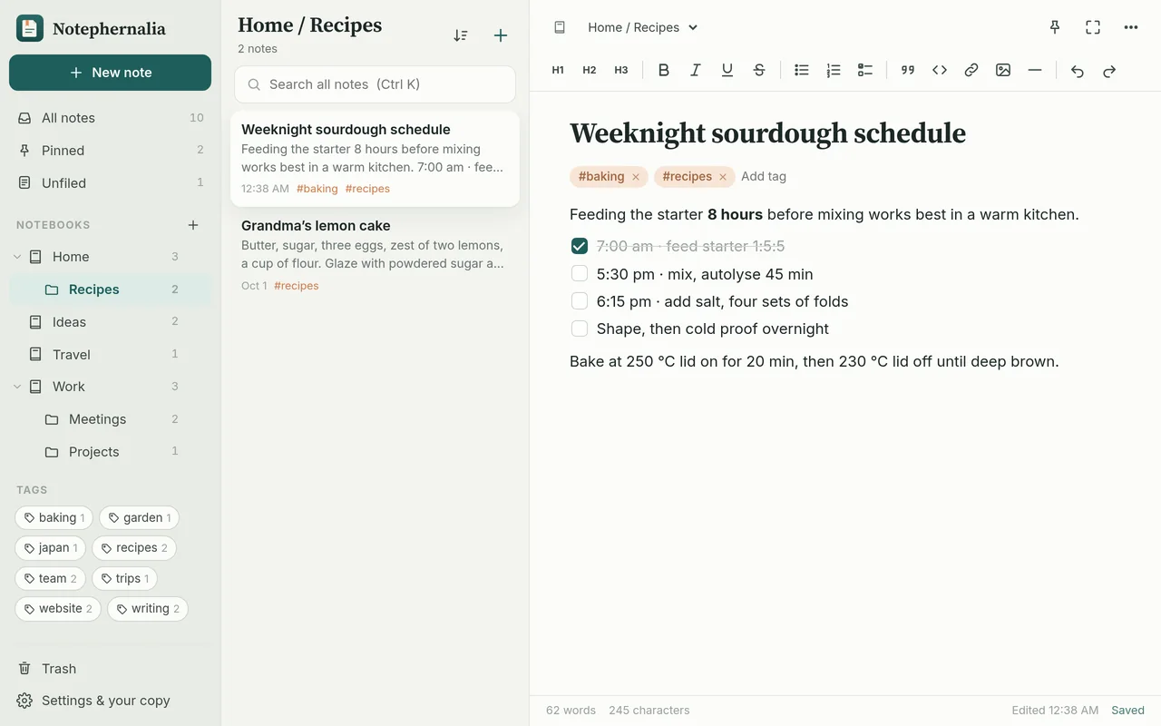 The Recipes notebook inside Home, with a sourdough schedule open