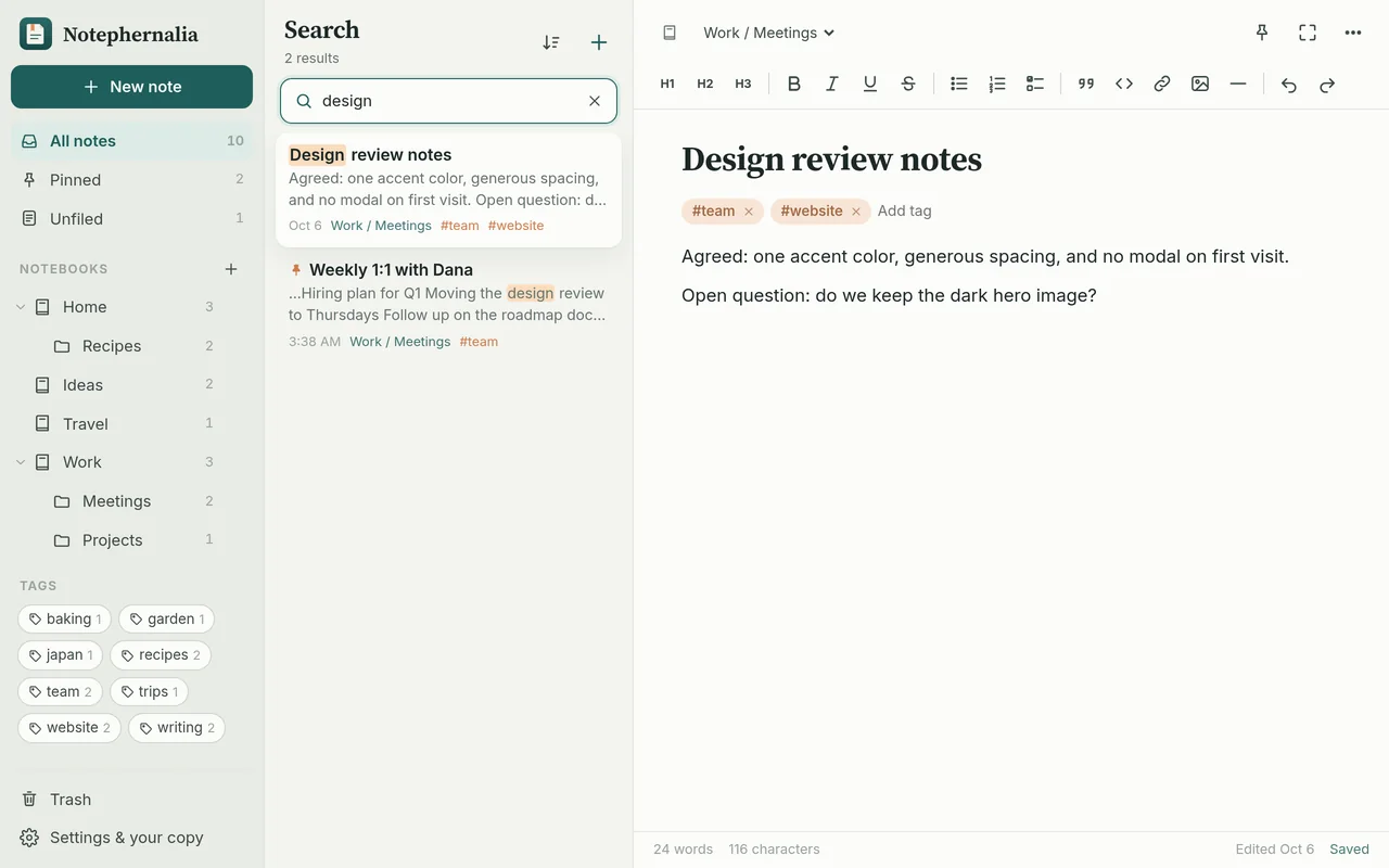 Searching for “design” finds a note and highlights the word