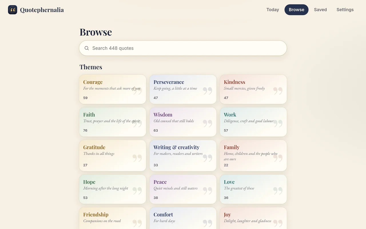 Browsing themes on a computer, each with a quote count