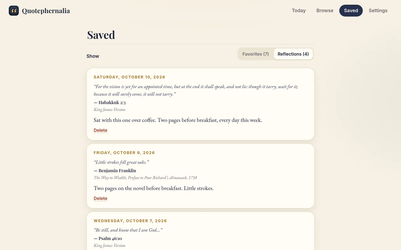Saved reflections, each shown with its quote and date