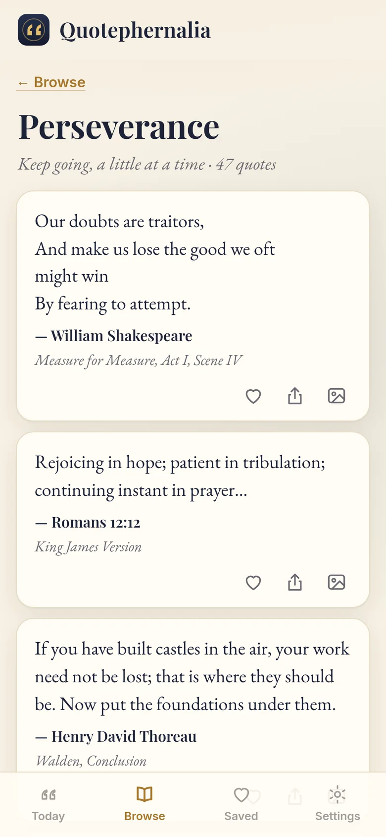 Quotes on perseverance from Shakespeare, Romans and Thoreau, each with its source