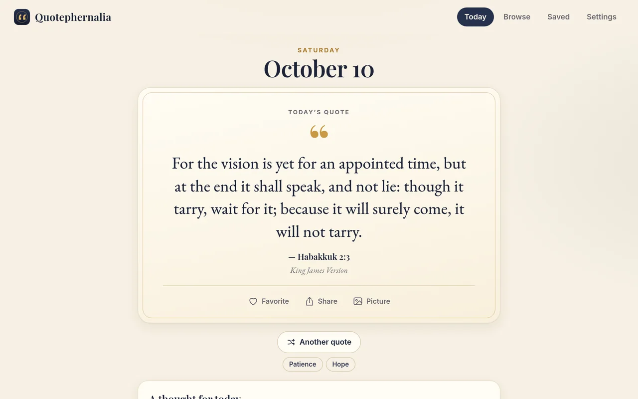 Quotephernalia on a computer: today’s quote from Habakkuk 2:3, King James Version, with favorite, share and picture buttons