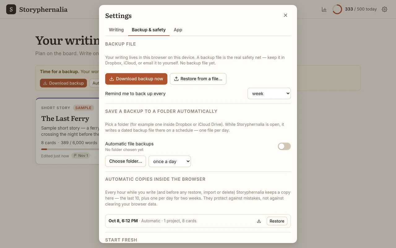 Backup and safety settings: download a backup, a reminder schedule, automatic folder backups and the automatic copies kept in the browser