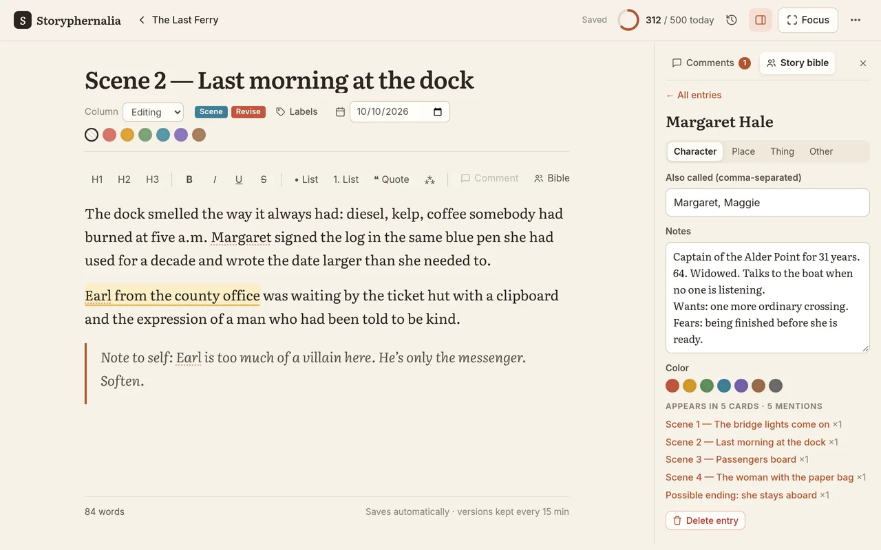 The story bible beside a scene: notes on Margaret Hale and the five cards she appears in