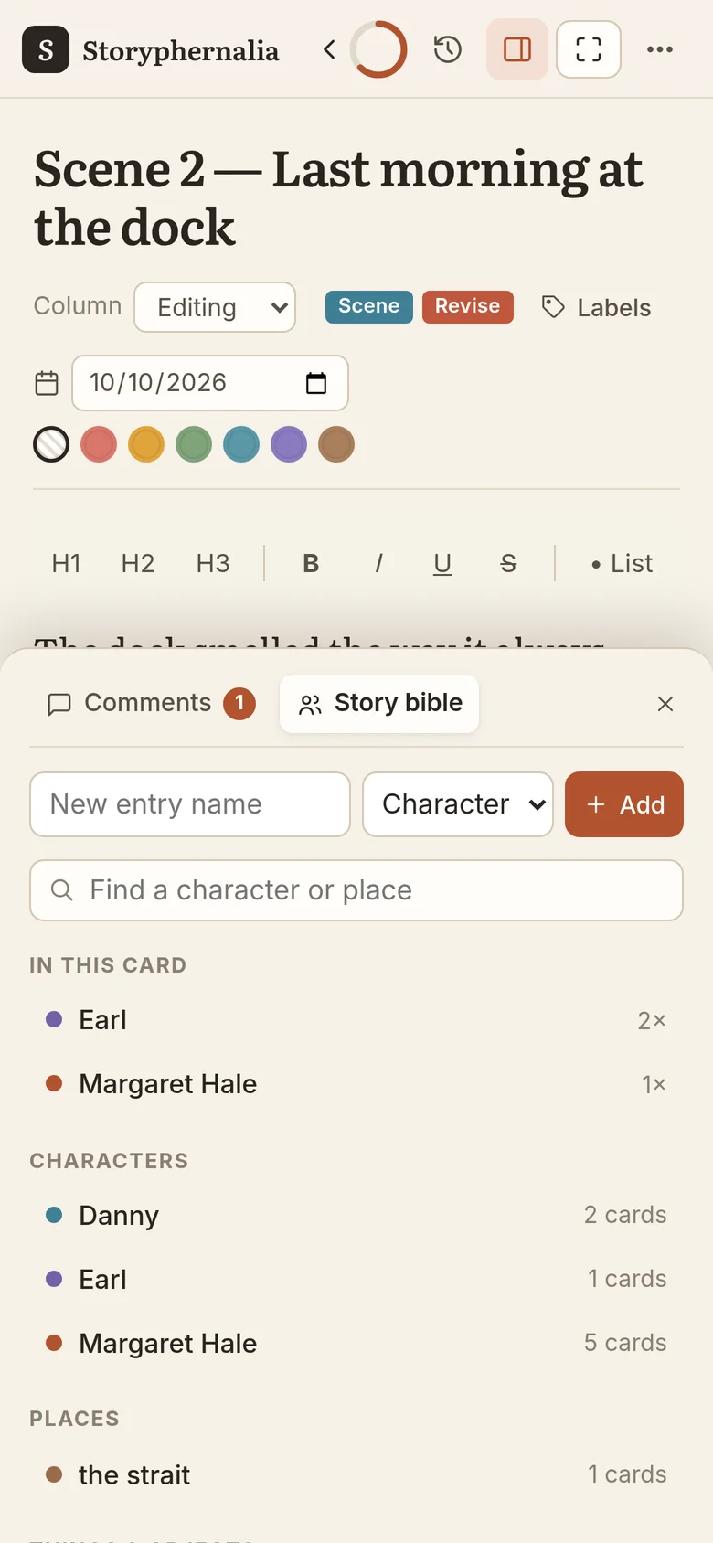 The story bible drawer on a phone, listing who is in this card