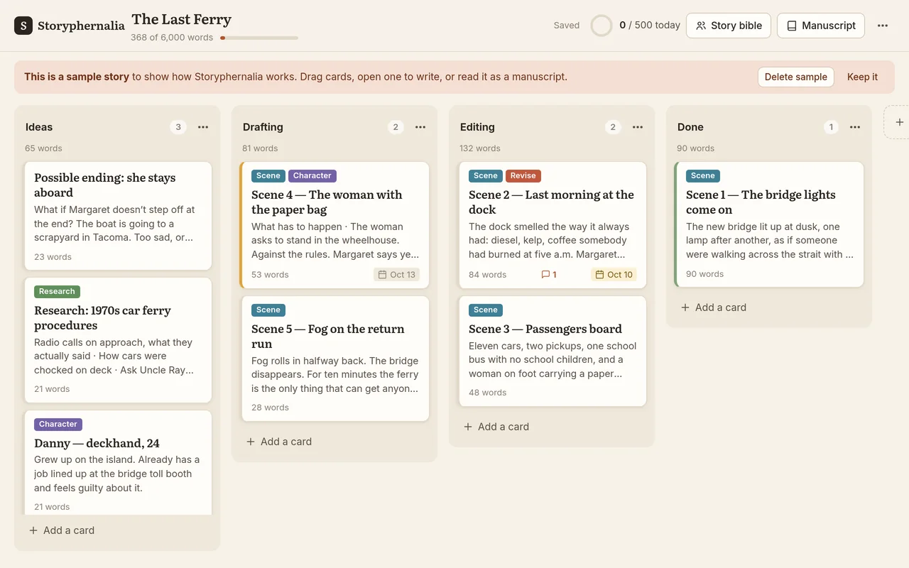 Storyphernalia on a computer: a board for the sample story The Last Ferry, with cards in Ideas, Drafting, Editing and Done
