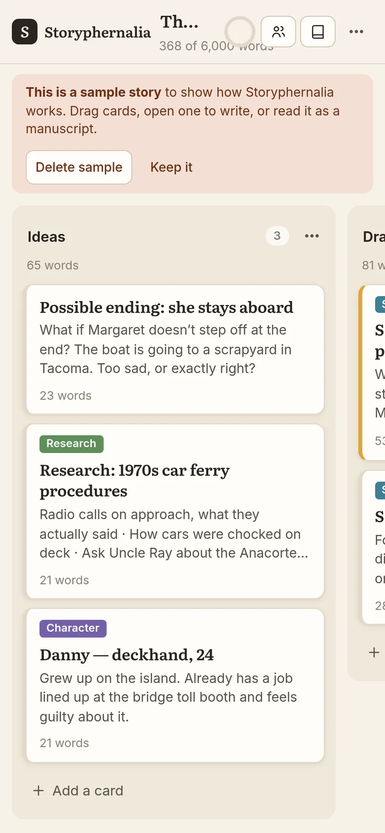 The board on a phone, showing the Ideas column with cards for an ending, research and a character