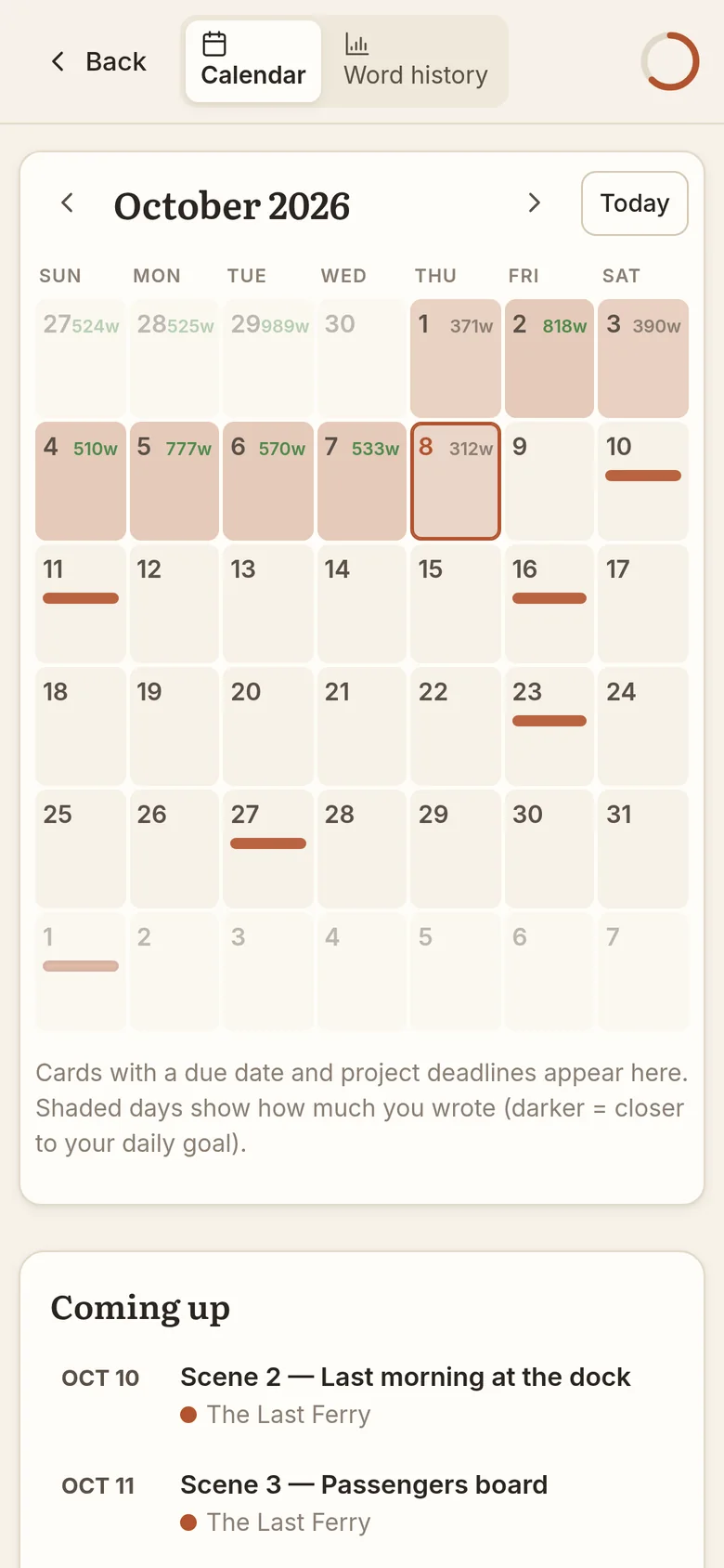 The deadline calendar on a phone, with days shaded by words written