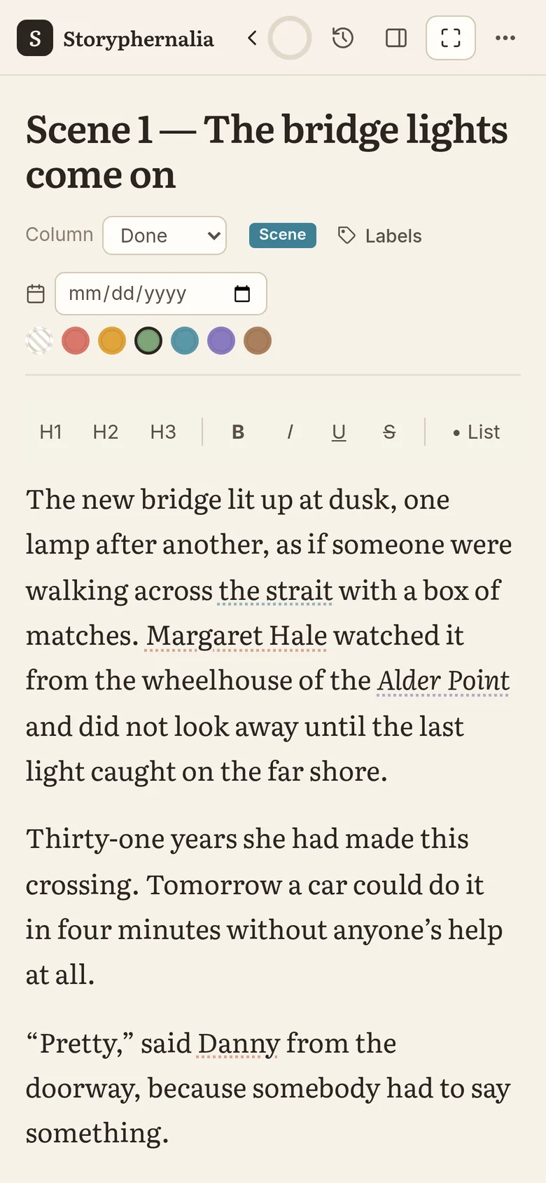 Storyphernalia on a phone: Scene 1 of The Last Ferry open on the writing page
