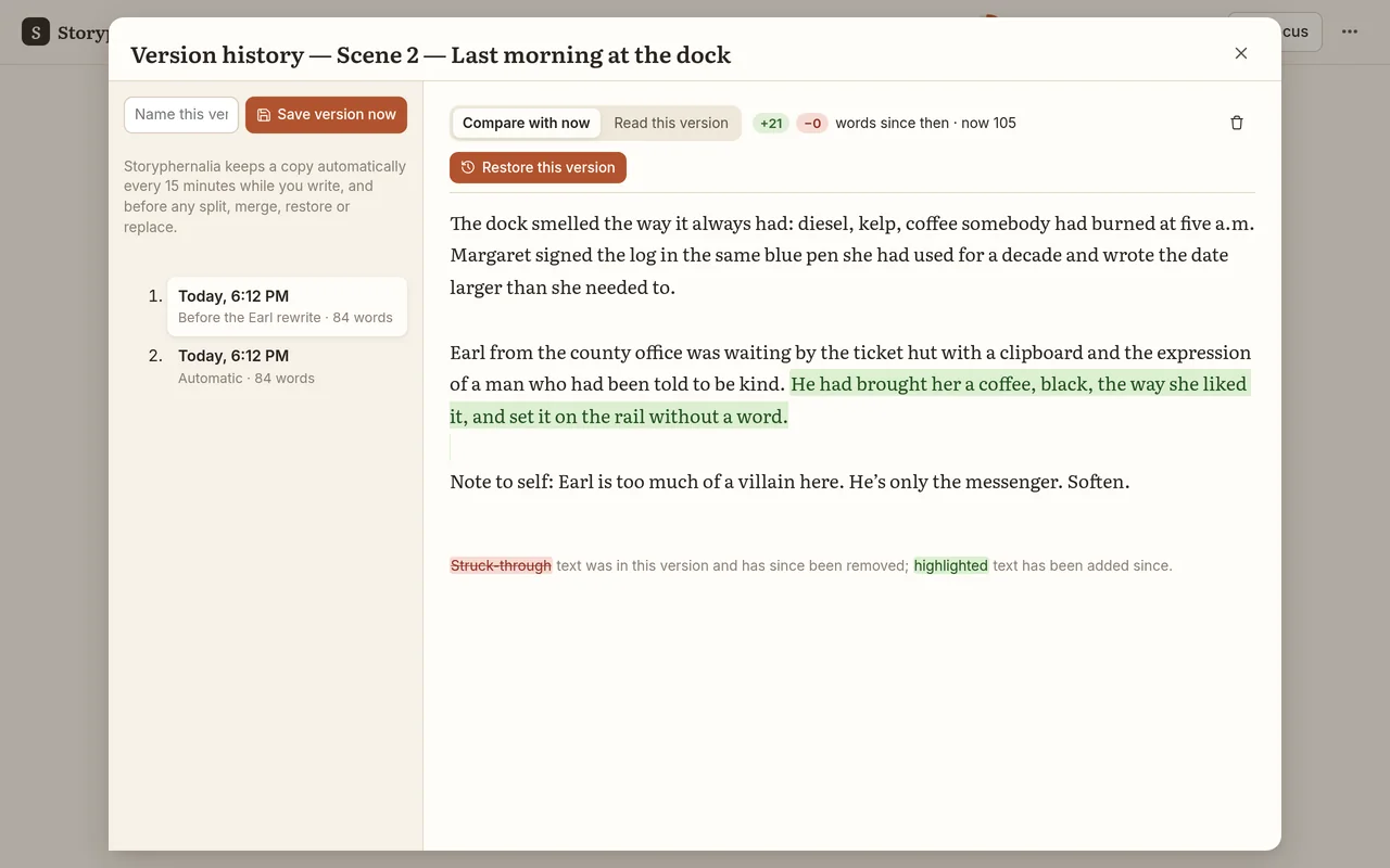 Version history comparing an earlier version with now: the added sentence is highlighted in green